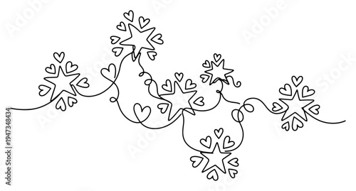 Stars and hearts decorative border continuous line art. Minimalist festive celebration ornament with heart shapes and stars vector drawing.