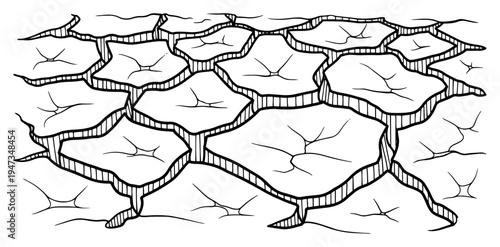 Cracked dry soil ground texture continuous line art. Minimalist desert drought and climate change environment vector illustration.