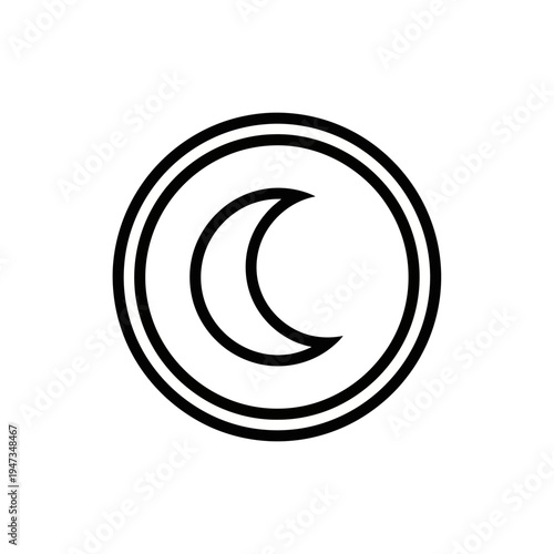 A simple black and white line art icon representing a crescent moon within a double-lined circle.