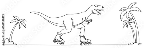 T-Rex dinosaur on roller skates in tropical park continuous line art. Funny jurassic predator skating between palm trees minimalist vector.