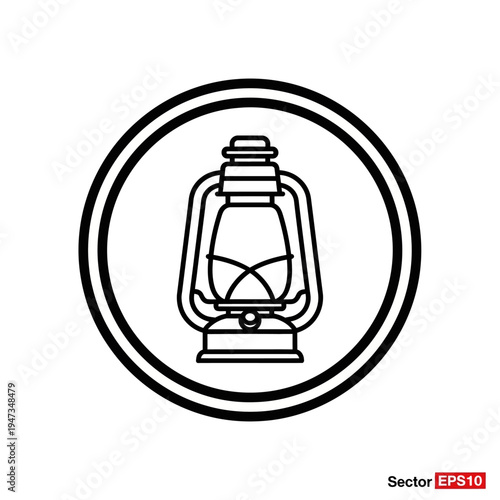 A black and white line art illustration of a vintage kerosene lantern inside a double-lined circle.