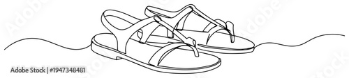 Summer sandals footwear continuous line art illustration. Minimalist leather sandals or beach shoes fashion vector drawing.