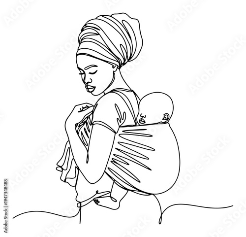 African mother carrying baby in wrap sling continuous line art. Minimalist motherhood and parenting portrait vector illustration.