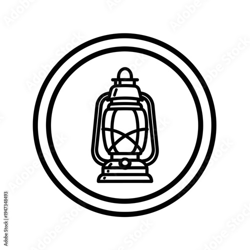 A black and white line art illustration of a vintage kerosene lantern enclosed within a double-lined circle.