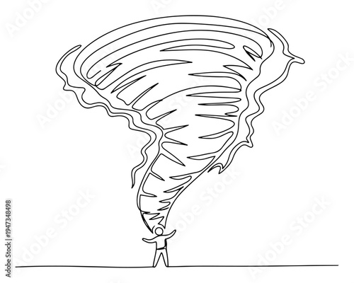 Person standing in front of giant tornado continuous line art. Minimalist storm whirlwind and natural disaster concept vector drawing.