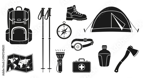 Camping and Hiking Equipment Icons Set