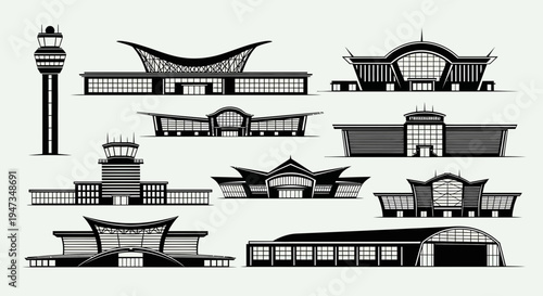 Set of Modern Airport Terminal Building Silhouettes