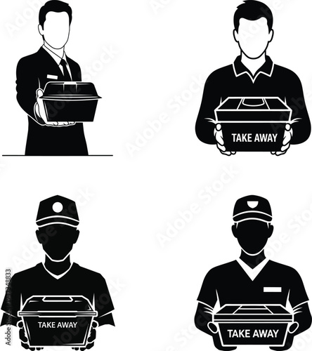 Take away food delivery icons courier holding meal boxes