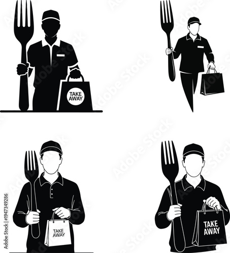 Take away food icons courier with fork and bag with food delivery with fast food