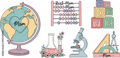 A collection of educational and scientific graphic elements is presented alongside objects celebrating motherhood.