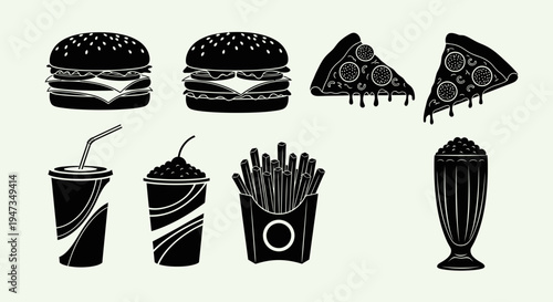 Fast Food Icons Set: Burgers, Pizza, Fries, and Drinks