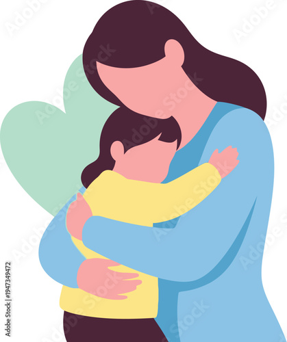 Mother embraces her small child tightly with affection under a soft green heart symbol.