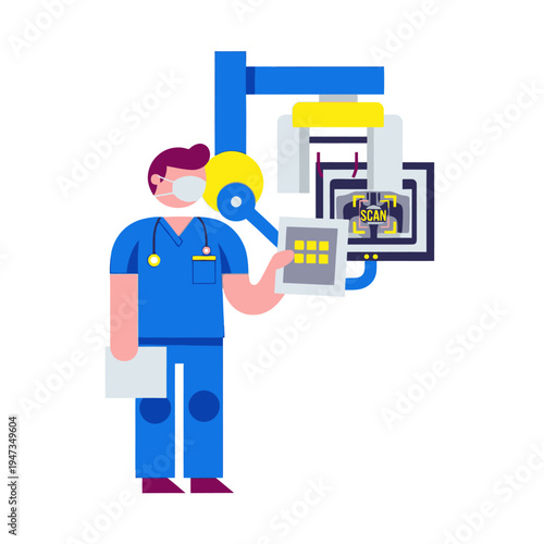 Doctor operating X-ray machine for medical scan with screen display