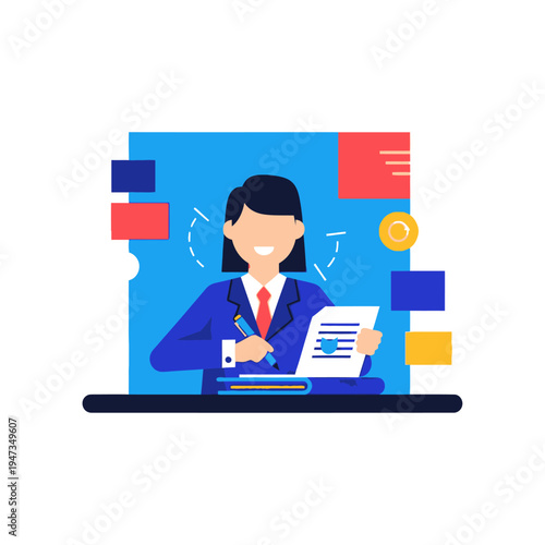 Businesswoman working with documents and pen at desk, flat illustration style.