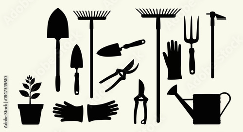 Set of Garden Tool Silhouettes for Horticulture and Plant Care