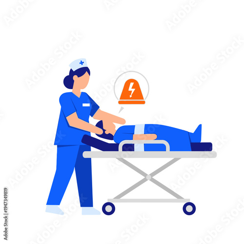 Nurse Performing CPR on Patient on Stretcher with Emergency Alert Icon