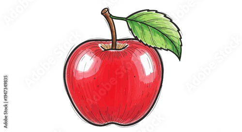 Fresh Red Apple Illustration with Green Leaf Isolated on White