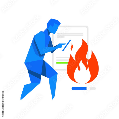 Man in crisis, burning document, digital information overload, urgent task
