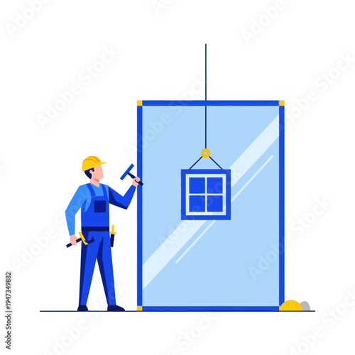 Construction worker installing a large window pane with a small window hanging
