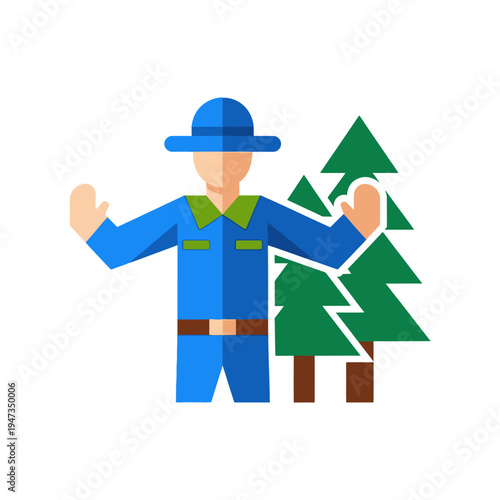 Park Ranger Standing Next to Pine Trees, Nature Conservation Icon
