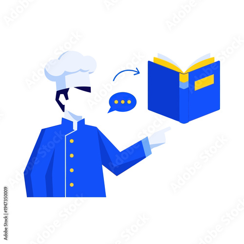 Chef pointing at cookbook with speech bubble, culinary education concept