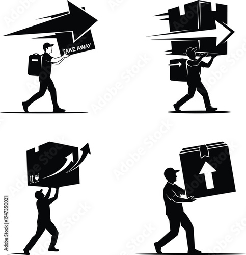 Delivery icons person carrying boxes with arrows and 'take away' sign
