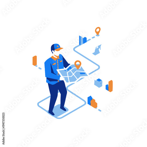 Logistics Delivery Man Holding Map with Navigation Route and Pins