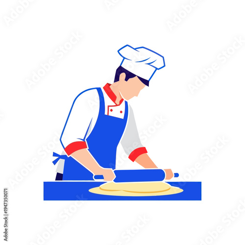 Chef rolling dough with a rolling pin, preparing food in a kitchen