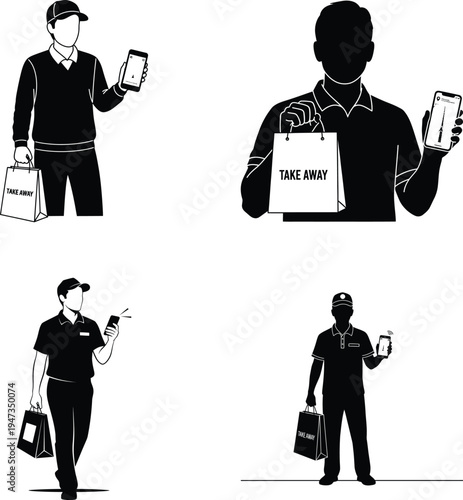 Food delivery person with shopping bag and smartphone, take away service concept