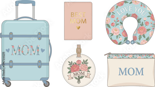Set of travel accessories featuring a light blue rolling suitcase, neck pillow, cosmetic bag, and luggage tag all decorated with floral motifs.