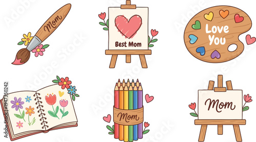 Assortment of art supplies including a paintbrush, easel paintings, a palette, and a floral notebook are depicted against a white background.