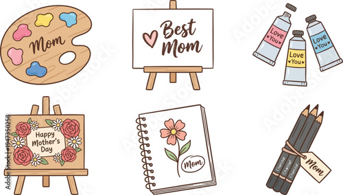 A collection of six artistic tools including a painter's palette, easels with art, paint tubes, a sketchbook, and pencils dedicated to mothers.