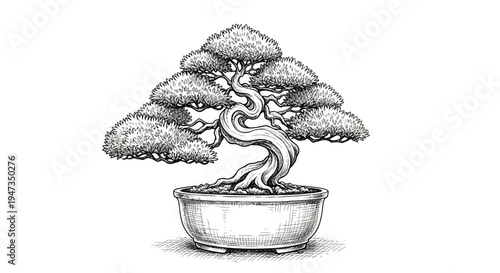 Hand Drawn Bonsai Tree Illustration in Pot