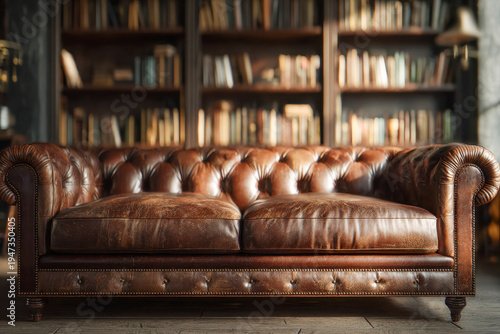 Classic brown leather tufted sofa with rolled arms positioned in a cozy home library filled with wooden bookshelves and vintage books