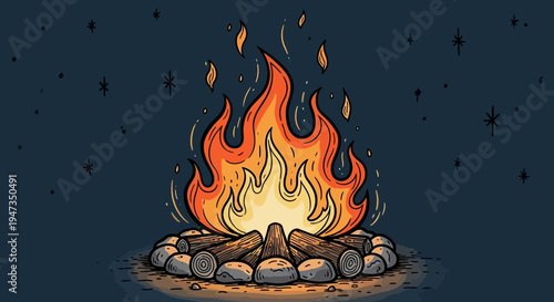 Cartoon Campfire Illustration with Glowing Flames and Night Sky