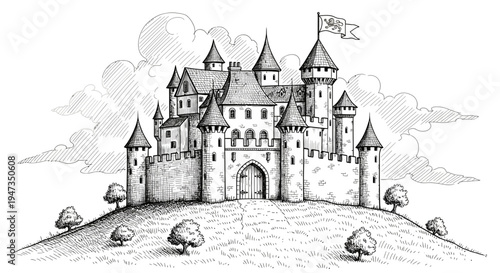 Vintage Hand Drawn Medieval Castle Illustration on Hill
