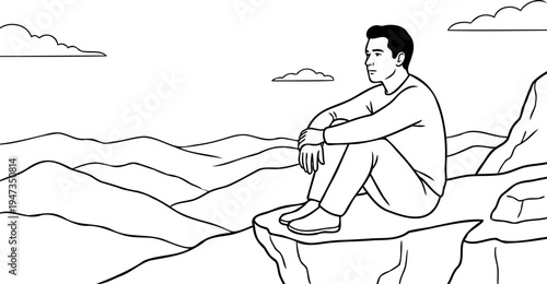 Man sitting on mountain cliff looking at horizon, solitude vector
