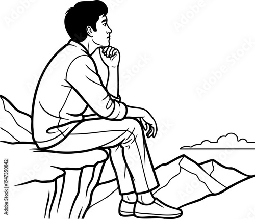 Sad man sitting on mountain cliff thinking, loneliness and sorrow vector