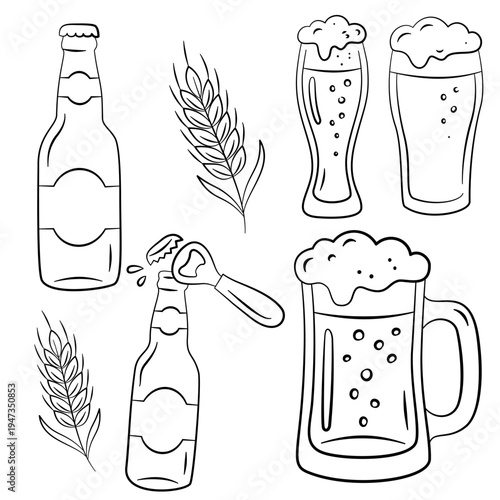 Beer festival hand drawn collection in sketch style. Different beer types. Beer bottles, mugs, hops. Beer illustration for patches, labels, holiday greetings