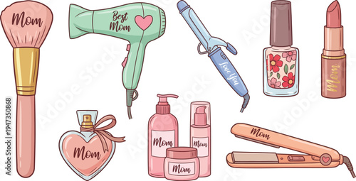 Various pink and green beauty tools and cosmetics dedicated to mothers are displayed against a white background.