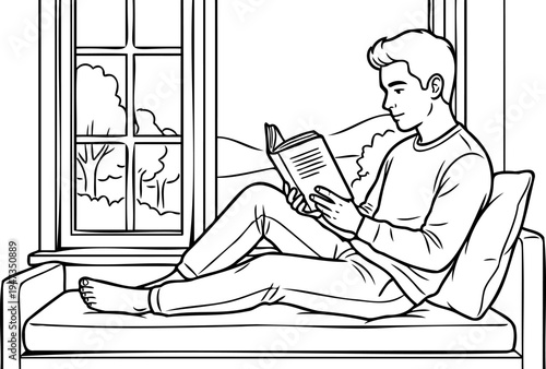 Young man reading book by window, peaceful morning at home line art