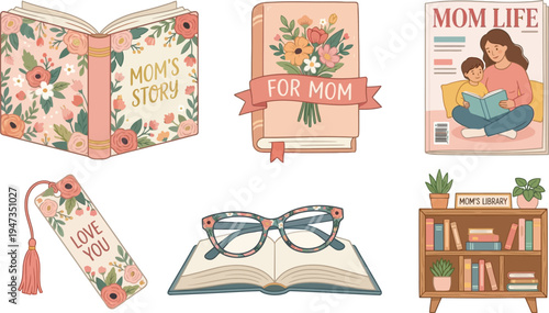 Various floral-themed reading accessories including an open book, a bookmark, reading glasses, and a magazine cover featuring a mother and child are displayed.