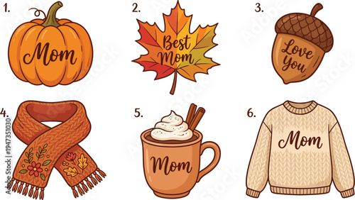 A collection of six autumnal objects themed for Mother's Day includes a pumpkin, maple leaf, acorn, scarf, hot drink, and sweater.