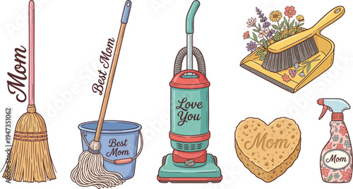 A collection of household cleaning tools and a heart-shaped sponge labeled for Mother's Day celebration are depicted in a line drawing style.