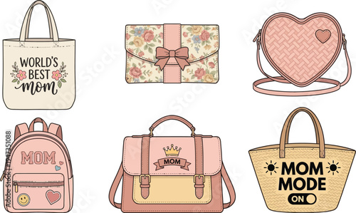 A variety of bags including tote bags, purses, and backpacks featuring floral prints and affectionate messages for mothers are presented.