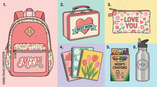 A collection of school supplies and accessories featuring floral patterns and affectionate messages for Mother's Day is displayed against a pastel background.