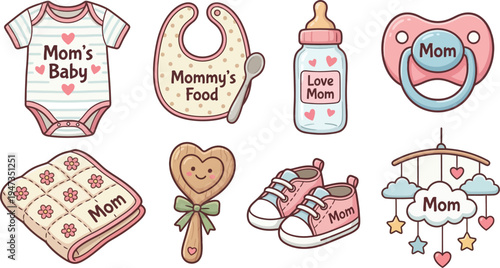 A collection of pink and white baby apparel and accessories, including a bodysuit, bib, bottle, pacifier, blanket, rattle, shoes, and mobile, express maternal affection.