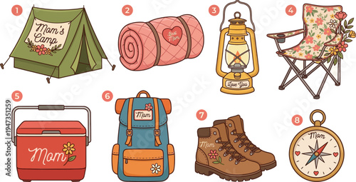 A set of numbered outdoor camping gear items featuring a tent, sleeping roll, lantern, folding chair, cooler, backpack, hiking boots, and compass for an adventure.