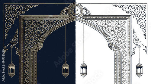 Elegant ornamental arch with intricate gold patterns and hanging lanterns for festive celebrations