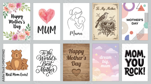 A grid display showcases ten distinct greeting card designs celebrating Mother's Day with varied typography, watercolor, and illustrative styles.